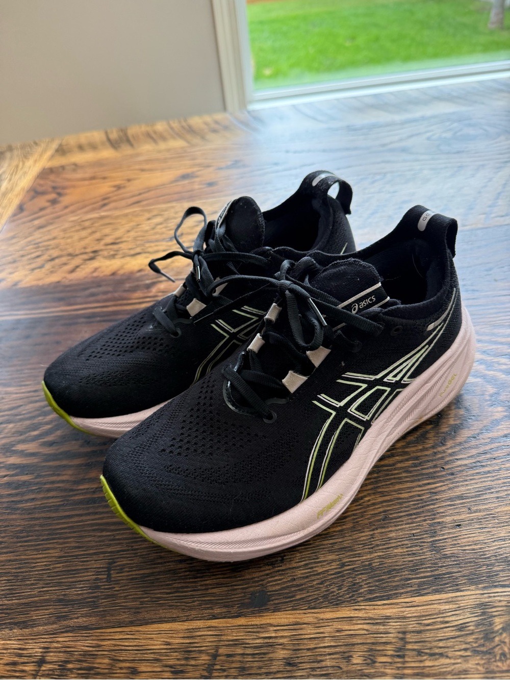 Asics Nimbus 26 Black Running Shoes with Pink Midsole and Lime Accents